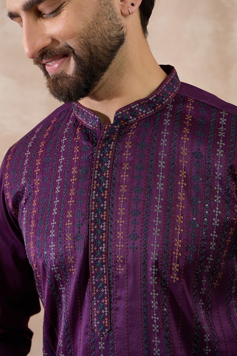Purple Silk Blend Embroidered Mandarin Collar Straight Kurta For Men | SHOBITAM