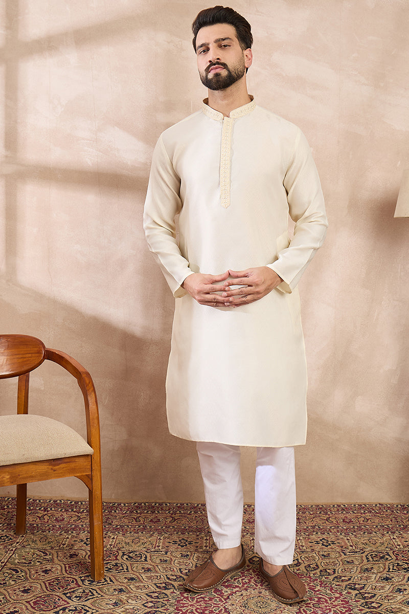 Off White Silk Blend Solid Embroidered Straight Kurta With Trouser For Men | SHOBITAM