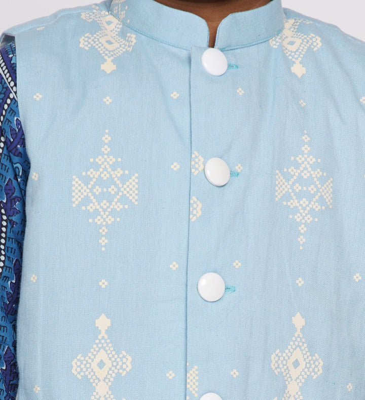 Boys Floral Indigo Kurta with Nehru Jacket and Marwari Dhoti  | SHOBITAM