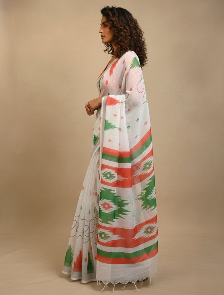 White Ikat Print Cotton Saree With Unstitched Blouse | SHOBITAM