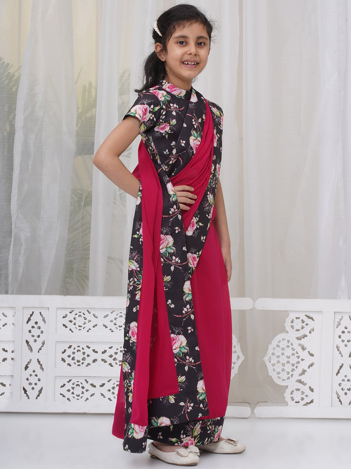 Girls Cotton Short Sleeves Floral Print Ready to wear Blouse with Ready to wear Georgette Saree -Rani | SHOBITAM