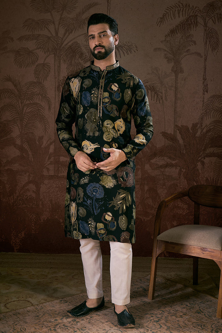 Black Silk Blend Floral Printed Straight Kurta With Trouser| SHOBITAM