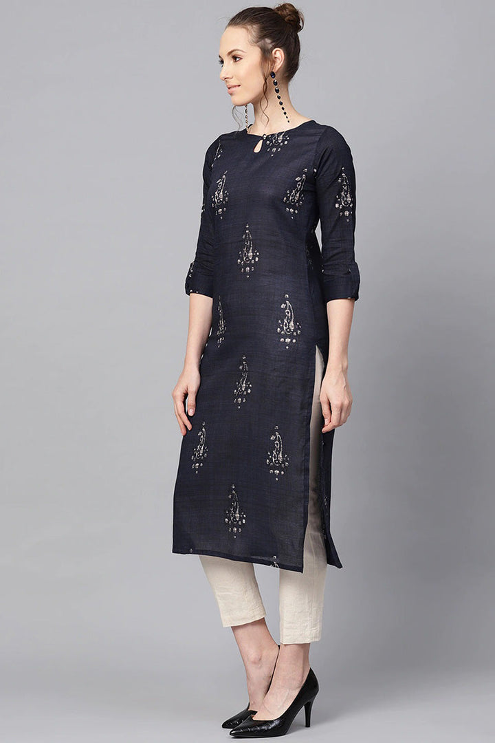 Rayon Blend Navy Blue and Off-White color Printed Straight Kurta | SHOBITAM