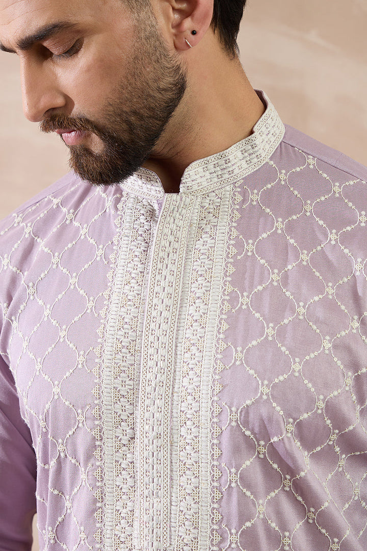 Lavender Silk Blend Embroidered Mandarin Collar Straight Kurta | SHOBITAM