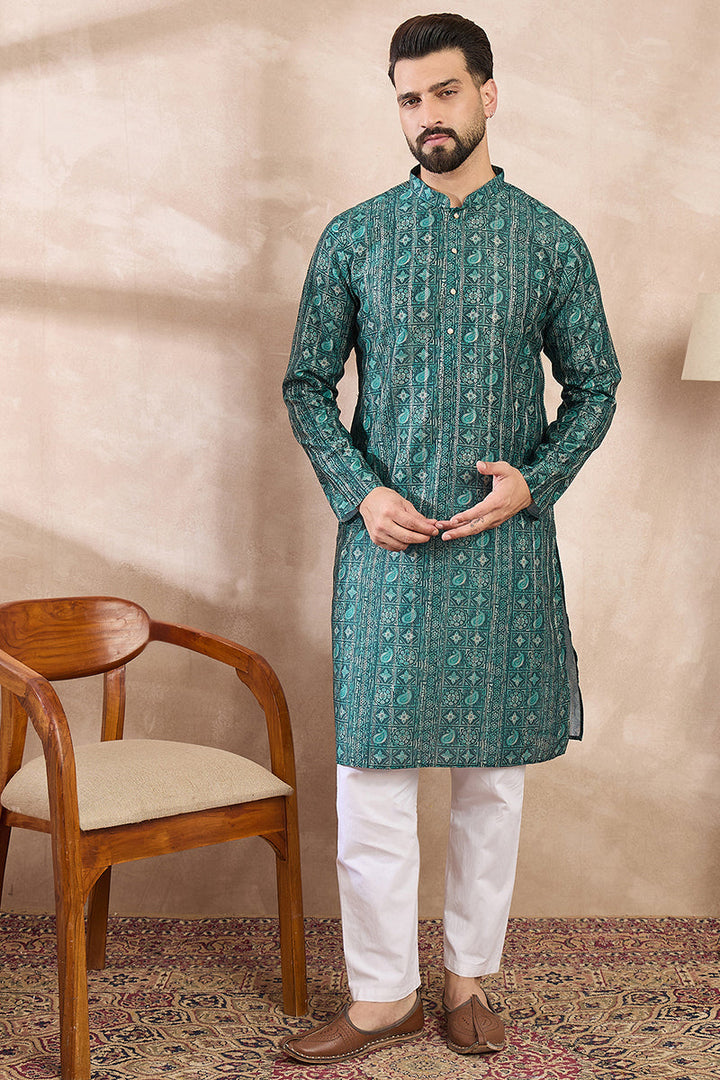 Green Silk Blend Ethnic Motifs Printed Straight Kurta With Trouser | SHOBITAM