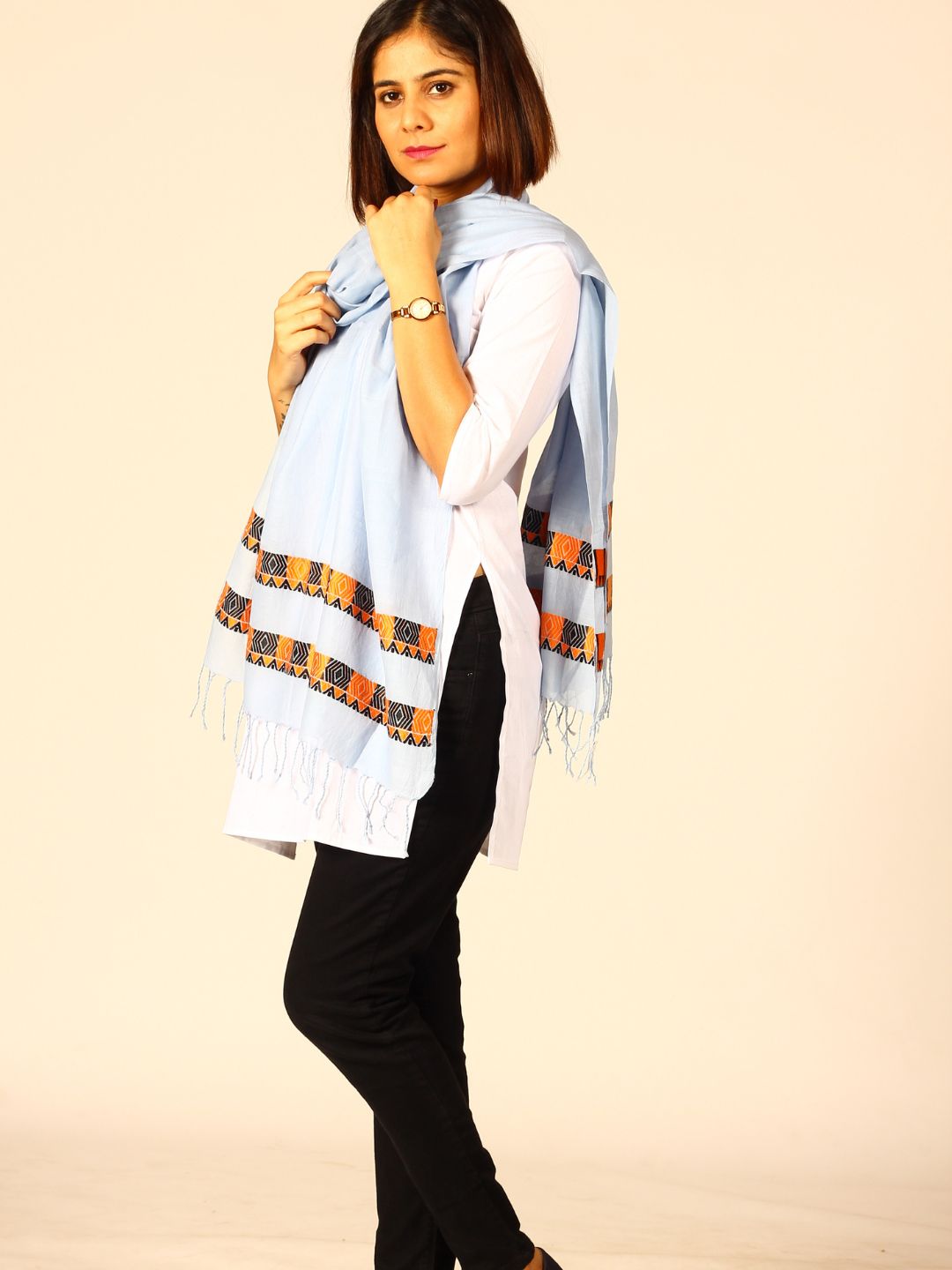 Powder Blue Assamese Cotton Stole | SHOBITAM