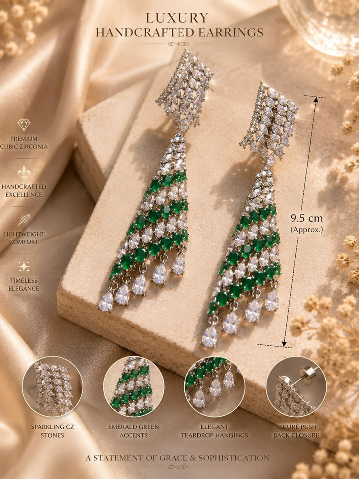 Emerald Green CZ Long Earrings in Silver Finish – Party Wear | SHOBITAM