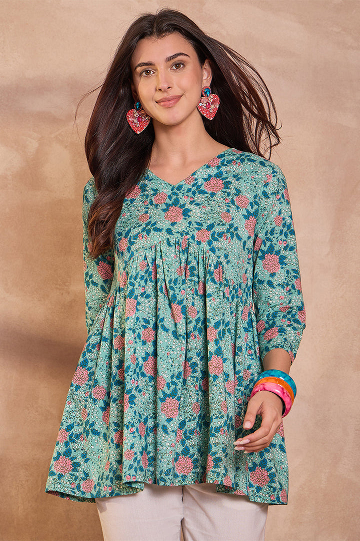 Cotton Blend Blue Floral Regular Tops  | SHOBITAM