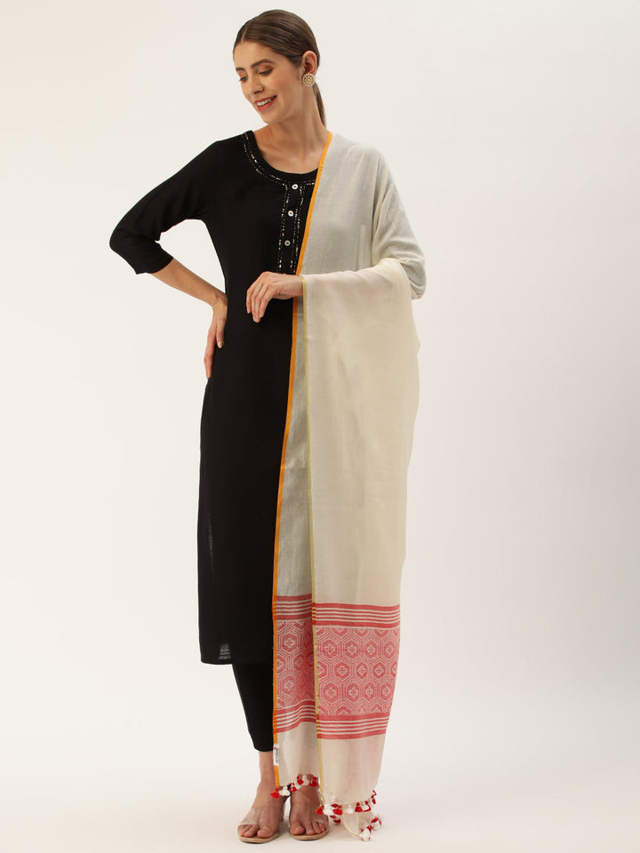 New Cream Red Assamese Cotton Dupatta | SHOBITAM