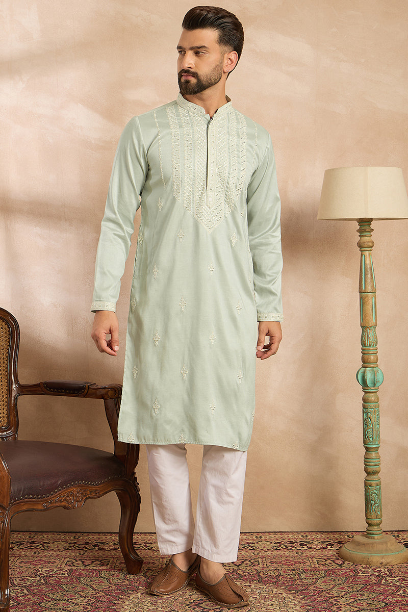Green Silk Blend Geometric Embroidered Straight Kurta With Trouser | SHOBITAM