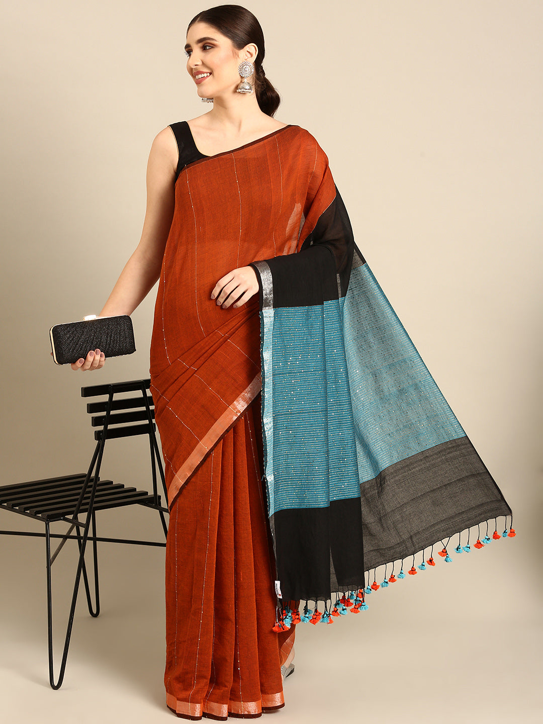 Burt Red Pure Cotton Handloom Sequins  Saree with Minimal Zari Border- No Blouse Piece