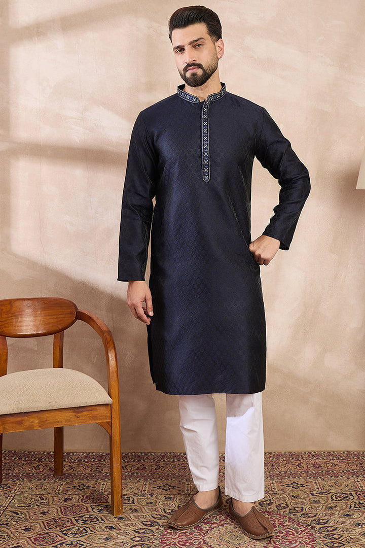 Navy Blue Silk Blend Solid Woven Design Straight Kurta | SHOBITAM