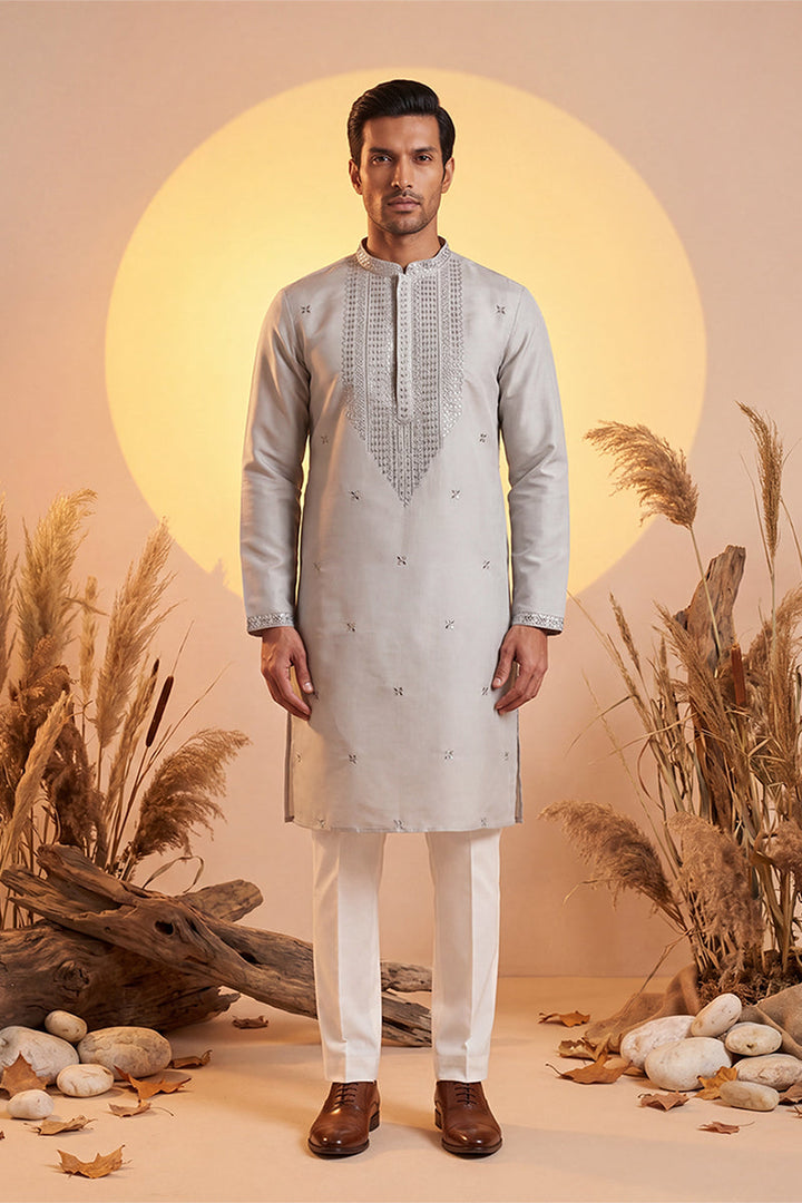 Mens Grey Silk Blend Solid Emboidered Sequins Kurta With Trouser | SHOBITAM