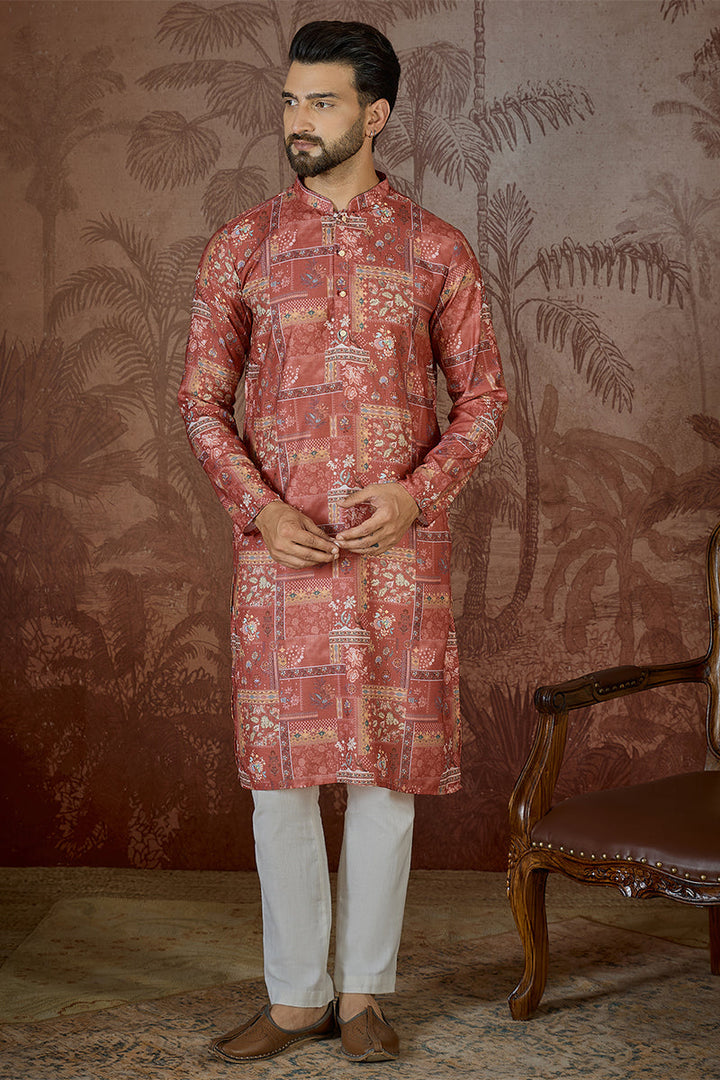 Mens Silk Blend Pink Abstract Printed Kurta | SHOBITAM