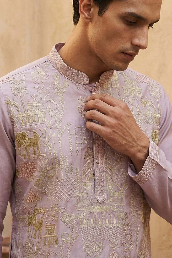 Lavender Silk Blend Embroidered Straight Kurta | SHOBITAM