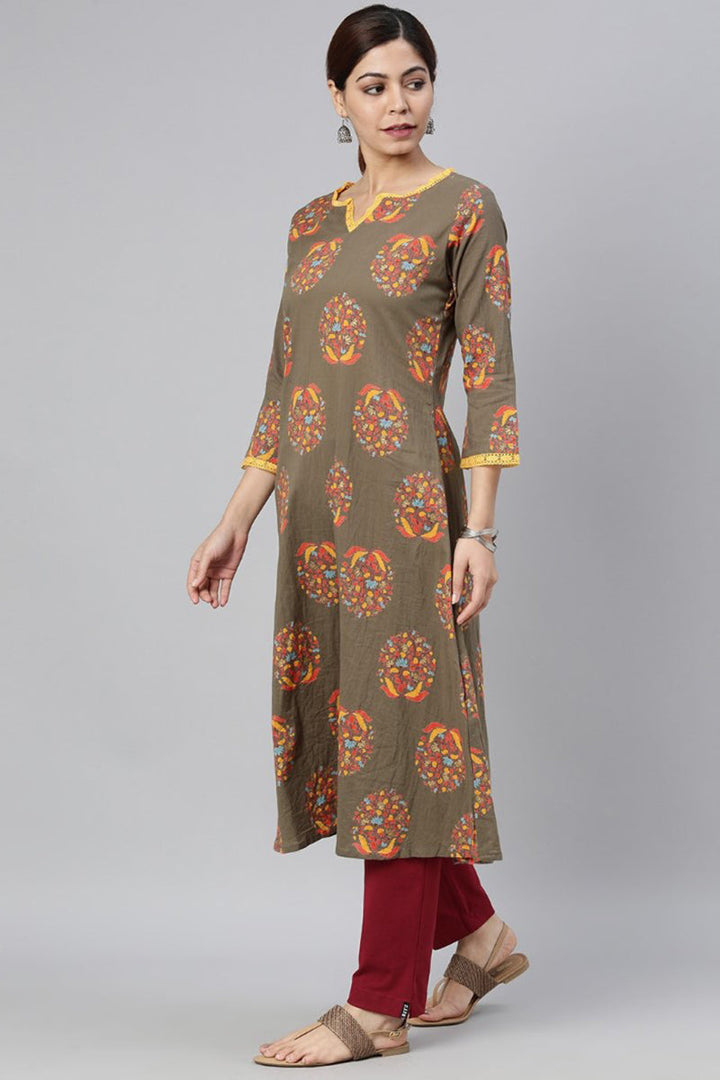 Taupe Cotton A-Line Kurta | SHOBITAM