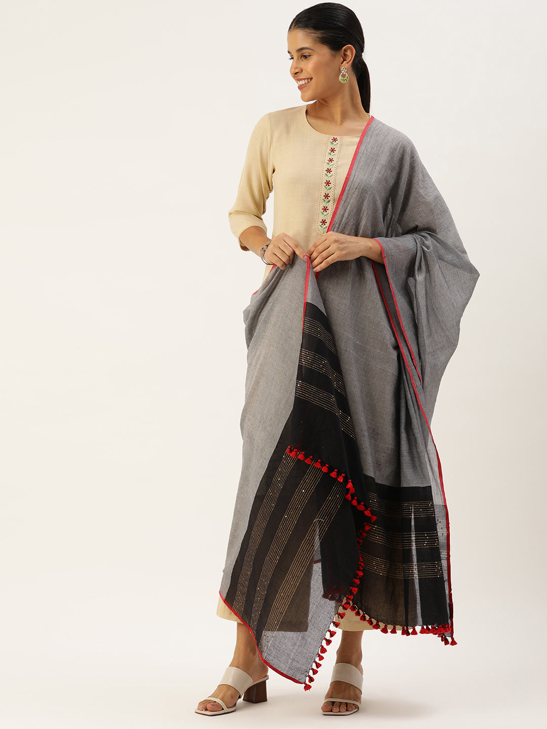 Grey Black Sequins Cotton Dupatta | SHOBITAM