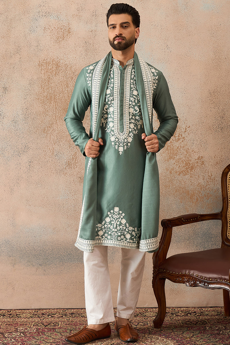 Mens Green Silk Blend Solid Embroidered Kurta Trouser With Dupatta | SHOBITAM