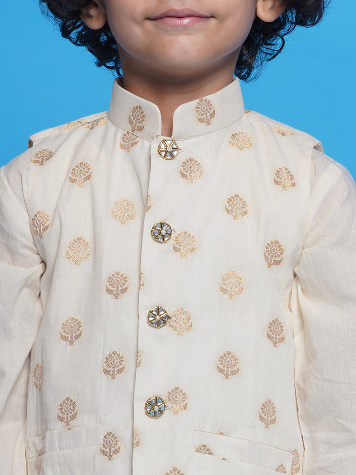 Cotton Sleevelees Golden Floral Embrodiery Nehru Jacket with Kurta and Dhoti - Cream | SHOBITAM