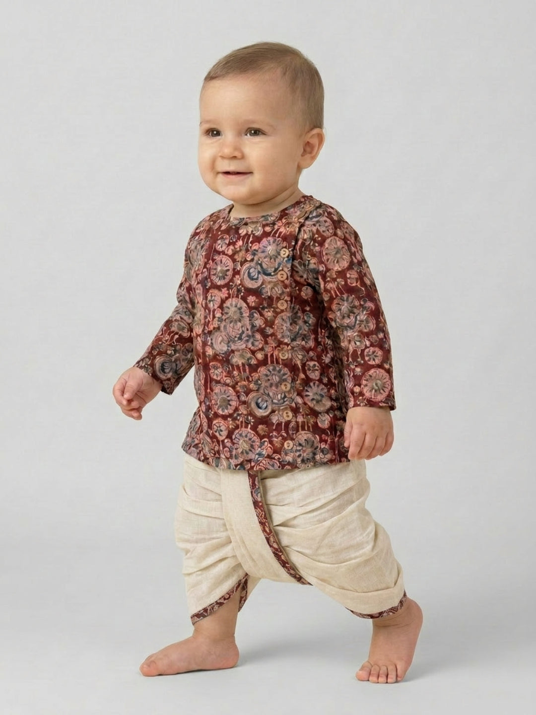 Boys Maroon Floral Printed Cotton Angrakha Style Dhoti Set | SHOBITAM