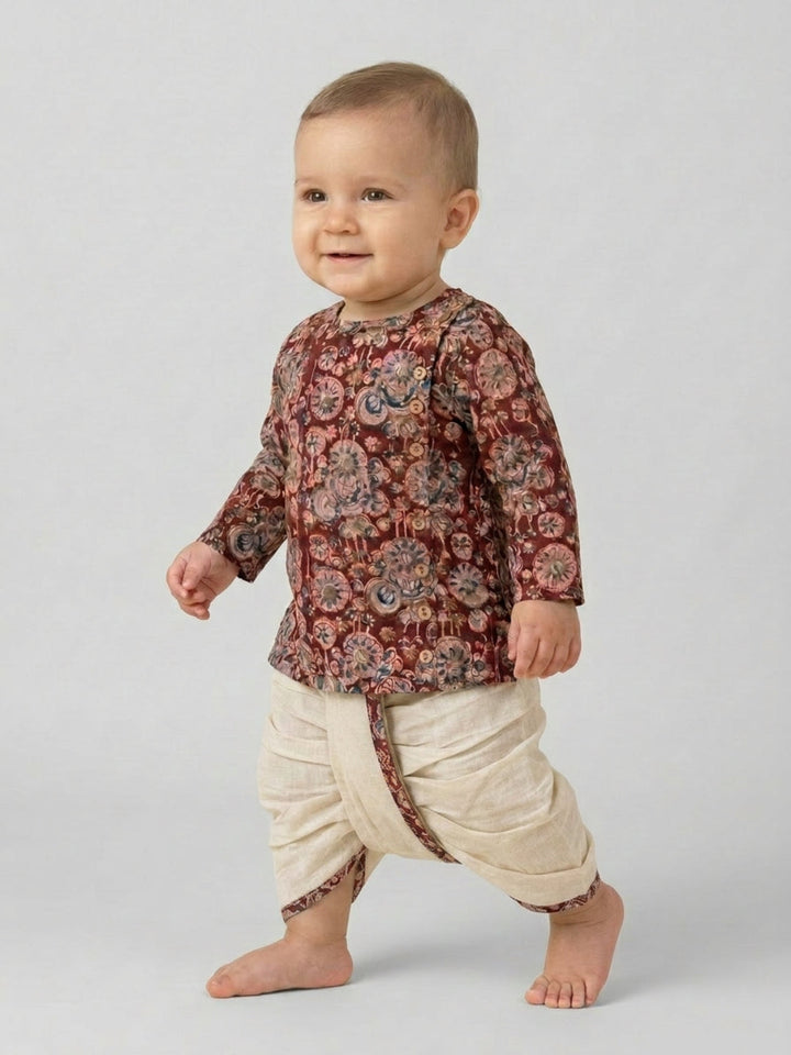 Boys Maroon Floral Printed Cotton Angrakha Style Dhoti Set | SHOBITAM