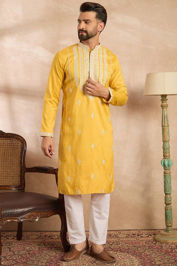 Yellow Silk Blend Geometric Embroidered Straight Kurta With Trouser | SHOBITAM
