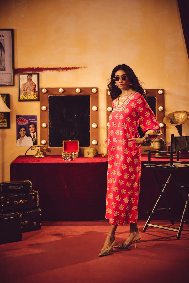 Pink Boota Print Viscose Straight Maxi Dress | SHOBITAM