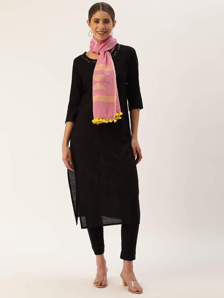 Pink Yellow Jamdani Cotton Stole | SHOBITAM