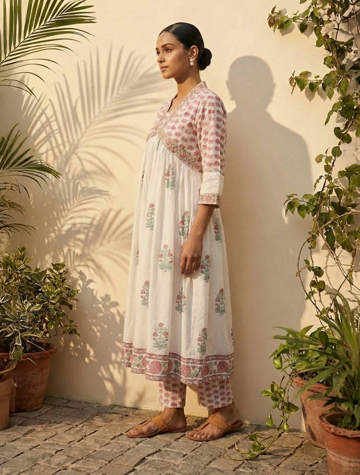 White Pink Boota Print Anarkali Kurta Pant Dupatta Set | SHOBITAM