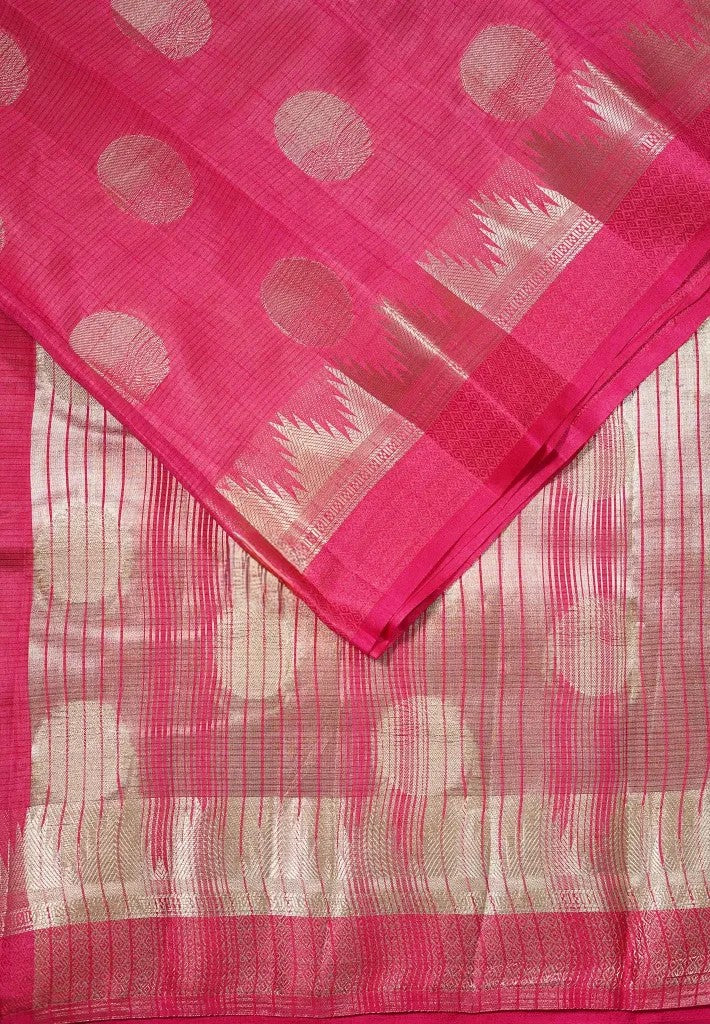Strawberry Pink Semi tussar saree with Temple Border with Buttas | SHOBITAM