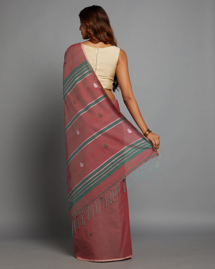Pink Green Jamdani Cotton Saree | SHOBITAM