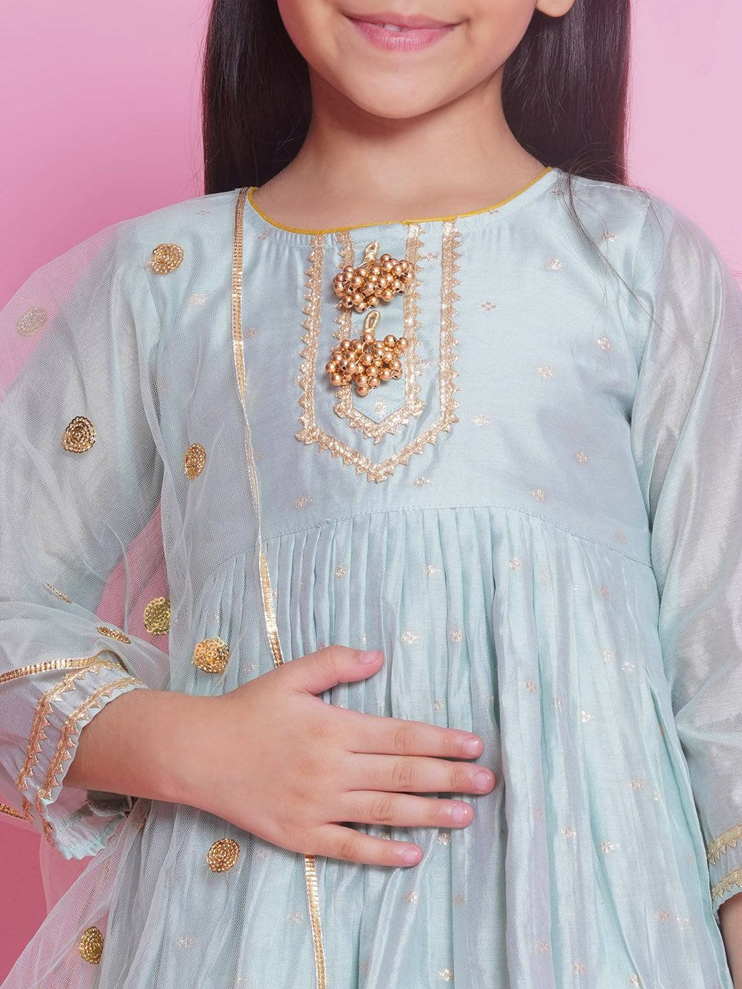Girls Chanderi Cotton Three Fourth Sleeves Kurta Frock with Plazzo and Dupatta with Boota, Lace & Tussel work - Dolphin Green | SHOBITAM