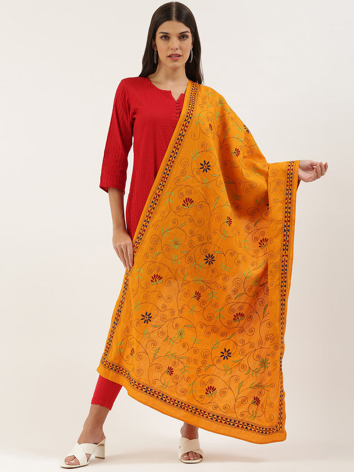 Yellow Kantha Embroidered Cotton Dupatta | SHOBITAM