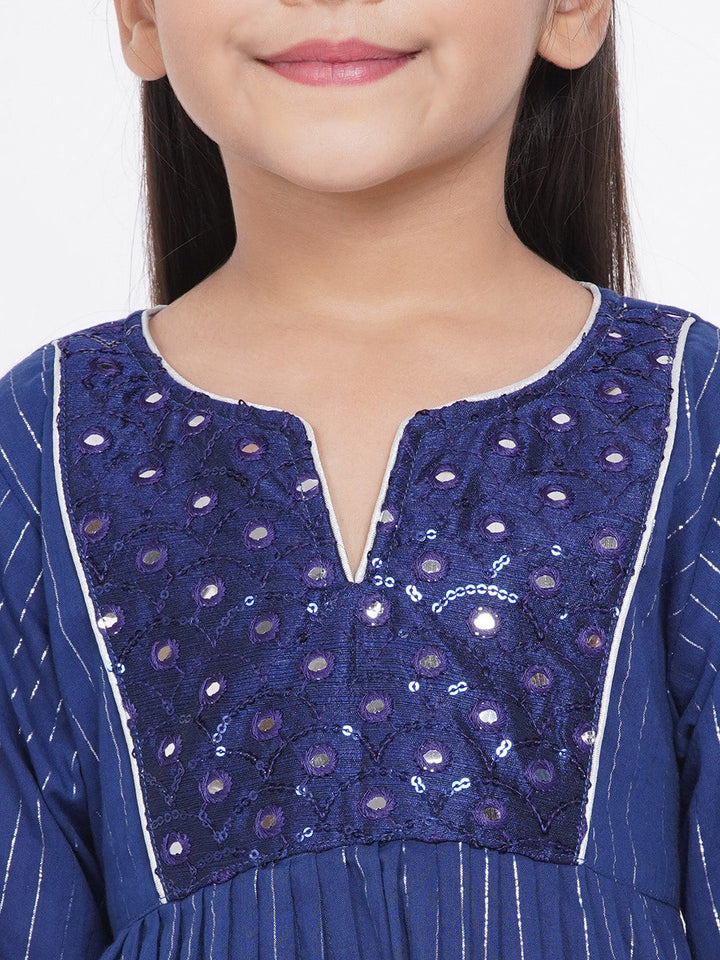 Girls Mirror work Kurta frock with Sharara and Dupatta in Blue and White | SHOBITAM