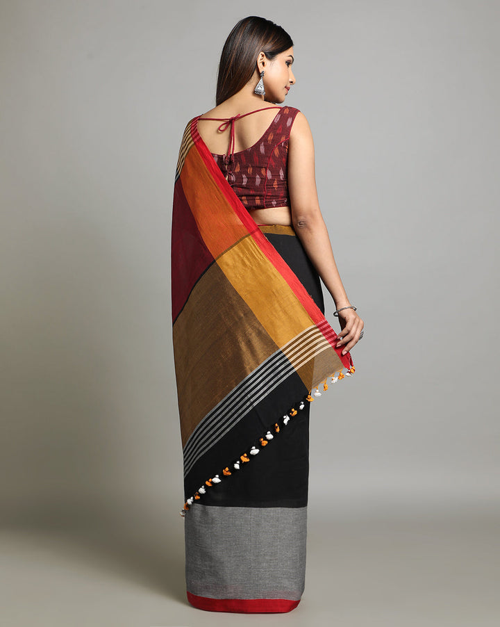 Handloom Colour block Cotton Saree with pompoms | SHOBITAM