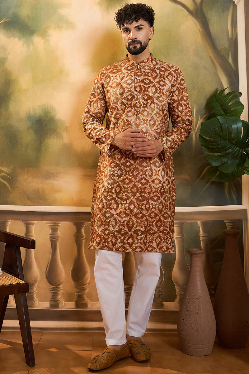 Brown Cotton Batik Embroidered Straight Kurta  | SHOBITAM