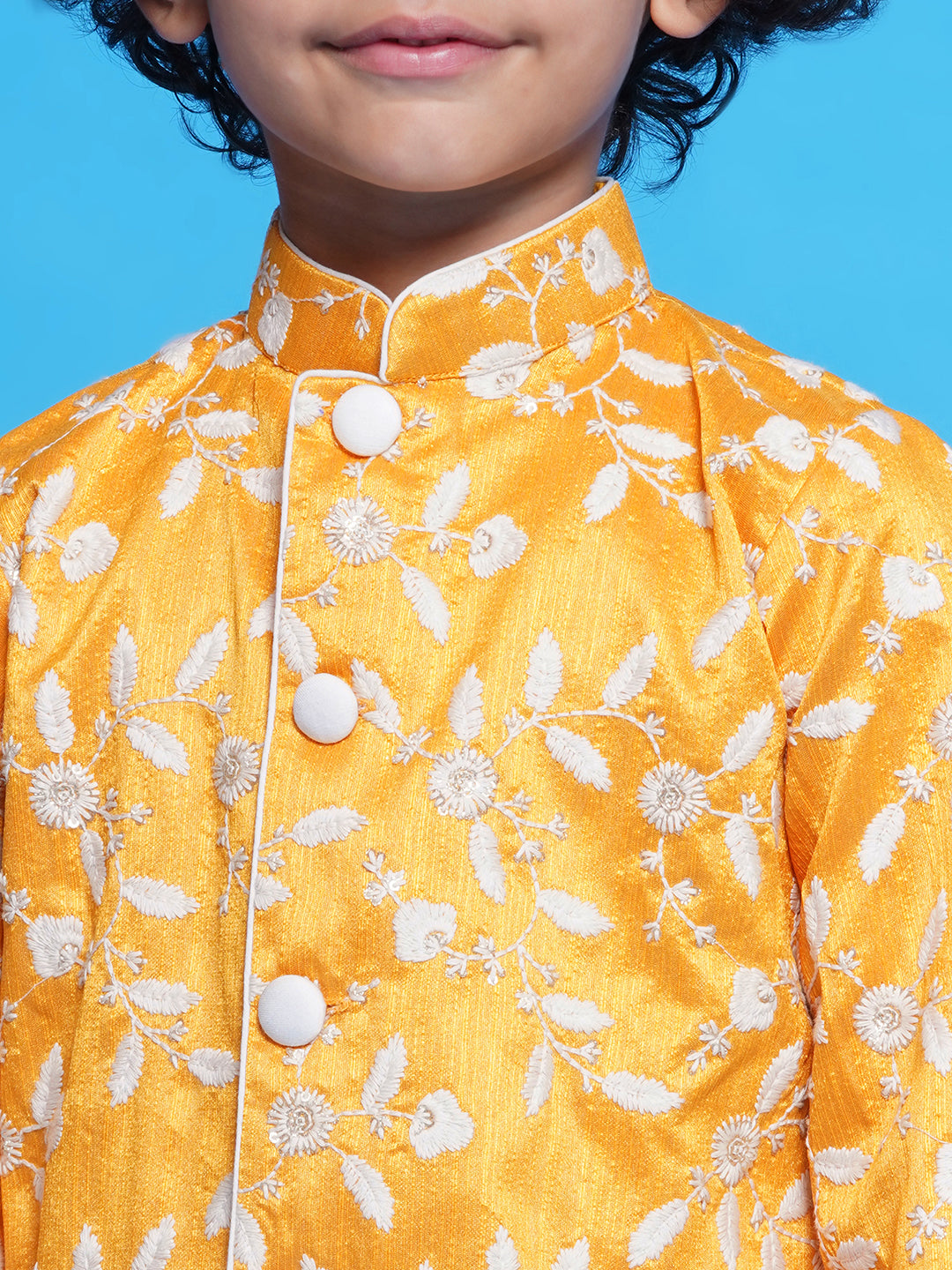 Mulberry Silk Full Sleeves Floral and Leaf Embroidery Sherwani with Dhoti - Yellow