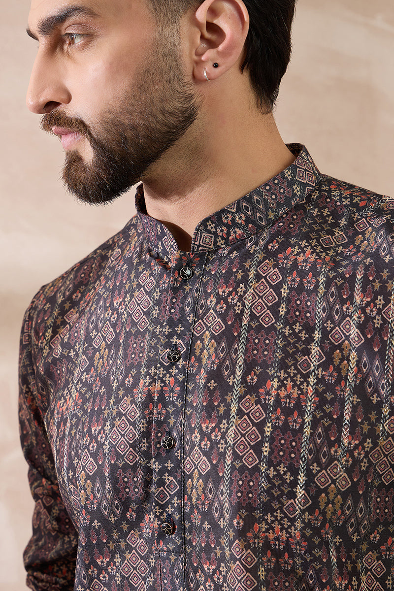 Black Silk Blend Printed Mandarin Collar Straight Kurta With Trouser | SHOBITAM