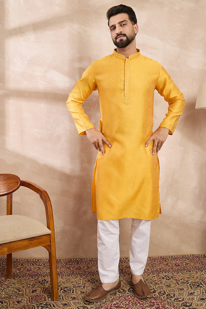 Yellow Silk Blend Solid Embroidered Straight Kurta With Trouser | SHOBITAM