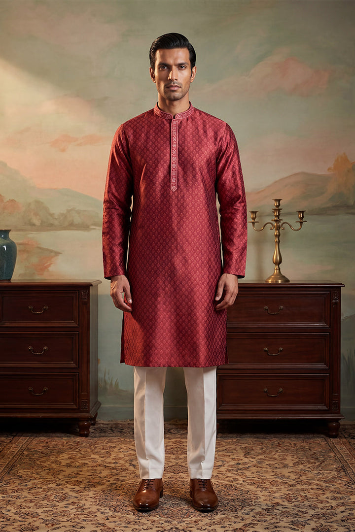 Mens Maroon Jacquard Woven Design Straight Kurta With Trouser | SHOBITAM