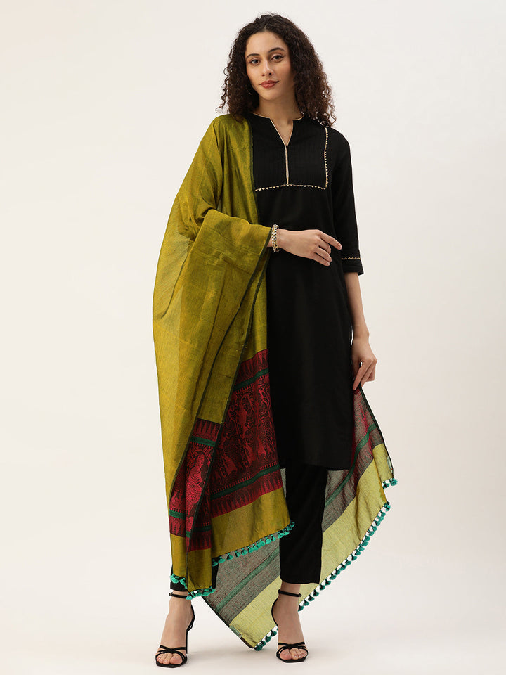 Mustard Magenta Baluchari Silk cotton Dupatta | SHOBITAM