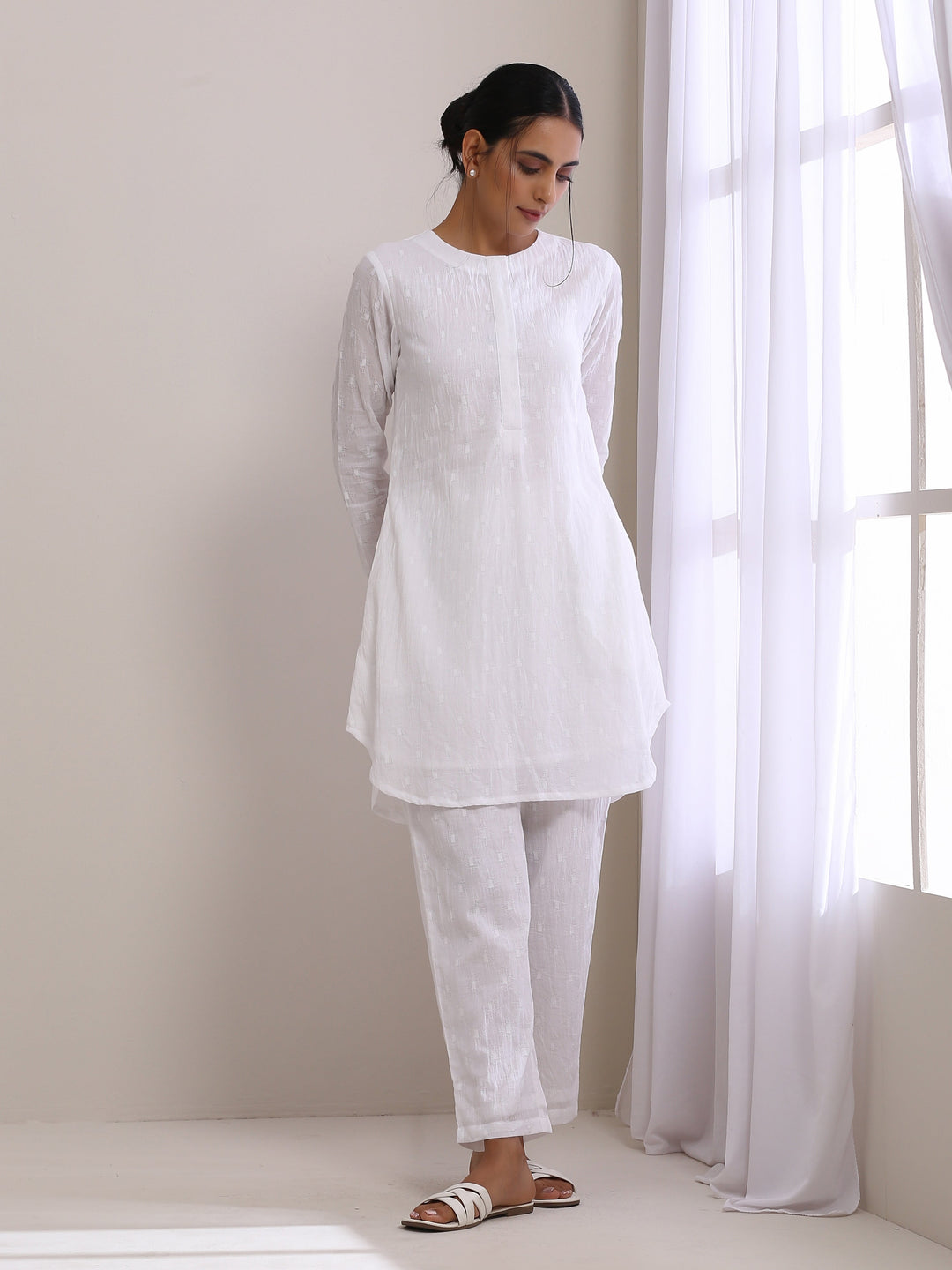 White Dobby Front Placket Co-Ord Set  | SHOBITAM