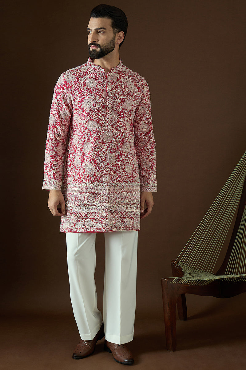 Pink Georgette Solid Embroidered Straight Kurta | SHOBITAM