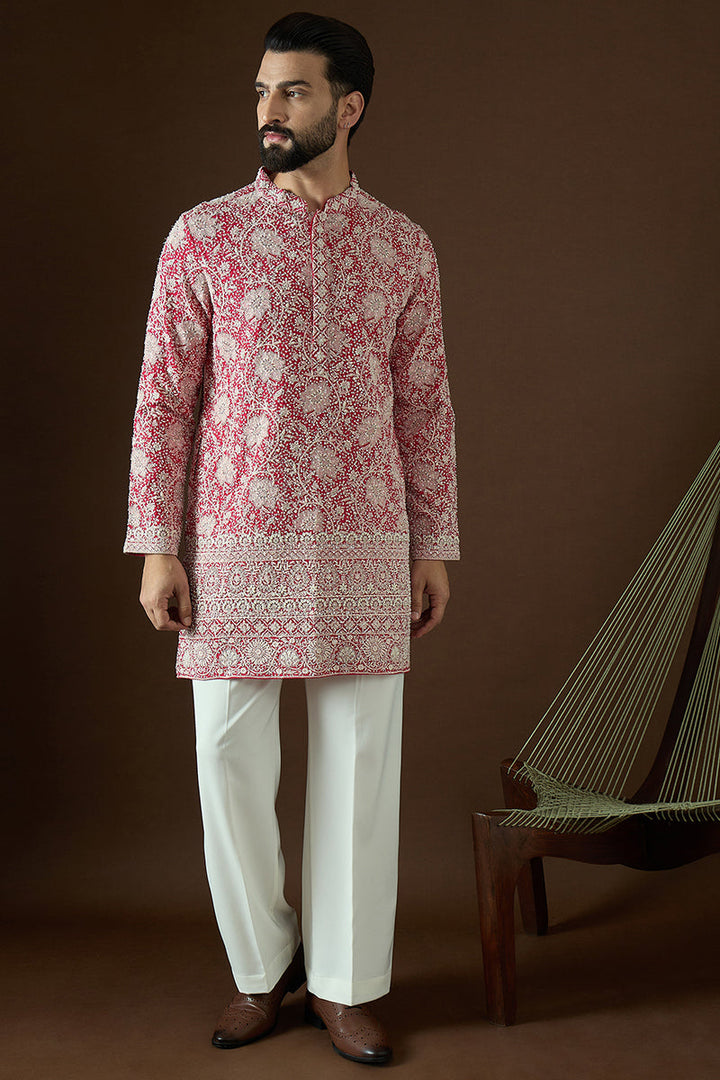 Pink Georgette Solid Embroidered Straight Kurta | SHOBITAM