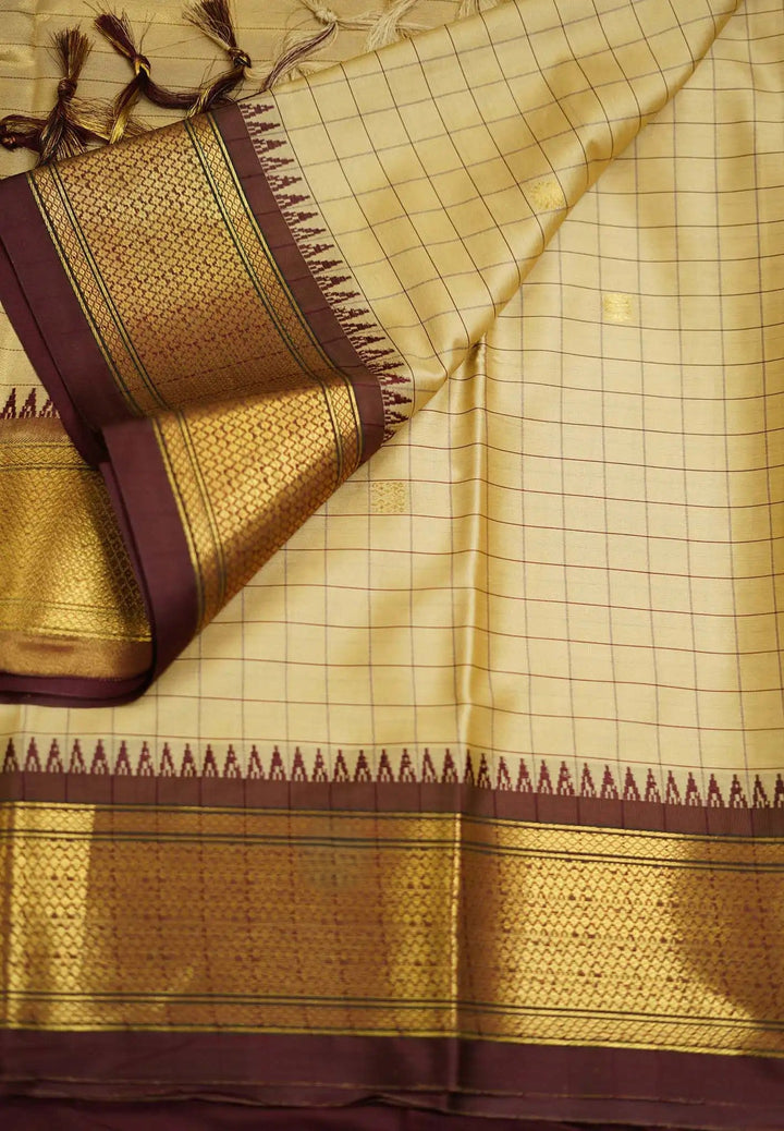 Beige Semi gadwal Saree with Maroon Contrast and Zari detailing| SHOBITAM