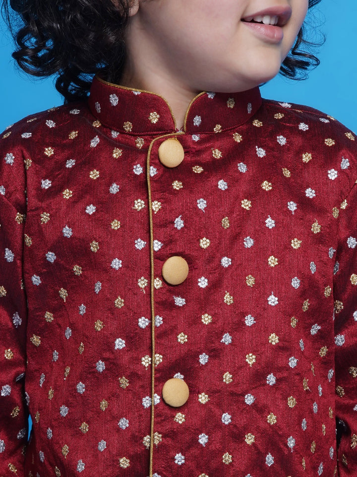 Chand Sitare Sherwani with Golden Buttons and Dhoti - Maroon | SHOBITAM