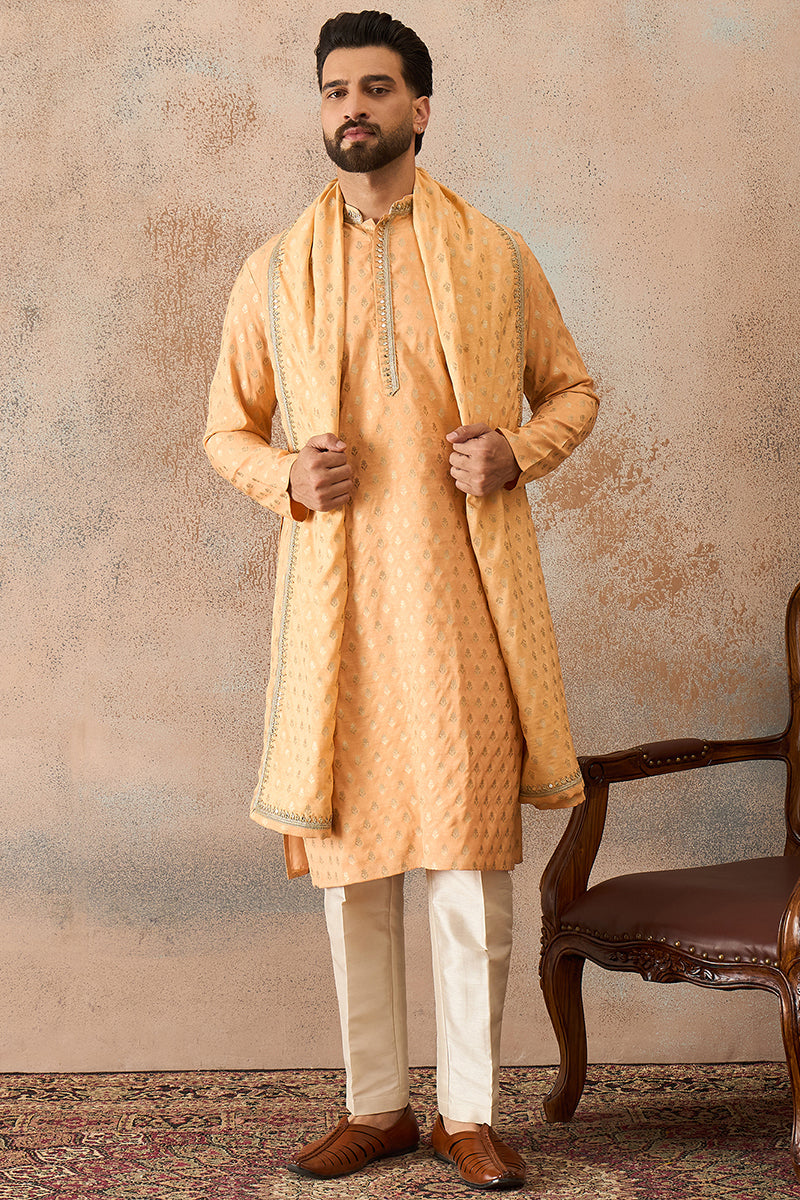 Men Peach Jacquard Woven Design Floral Straight Kurta Sets | SHOBITAM