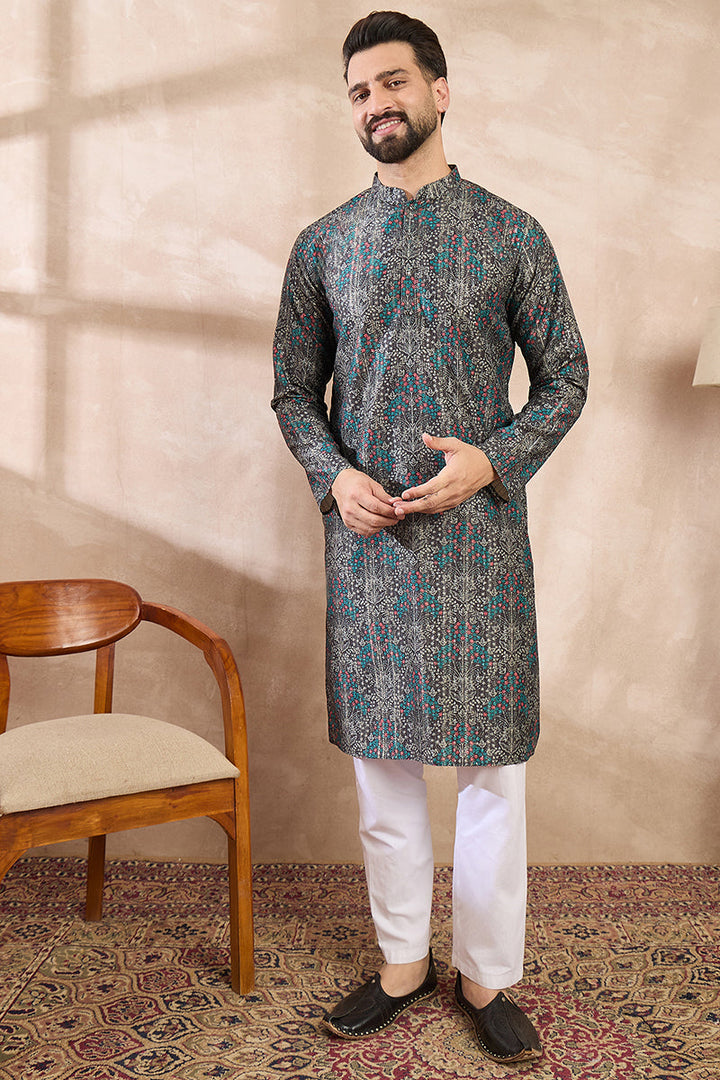 Black Silk Blend Floral Printed Straight Kurta For Men | SHOBITAM