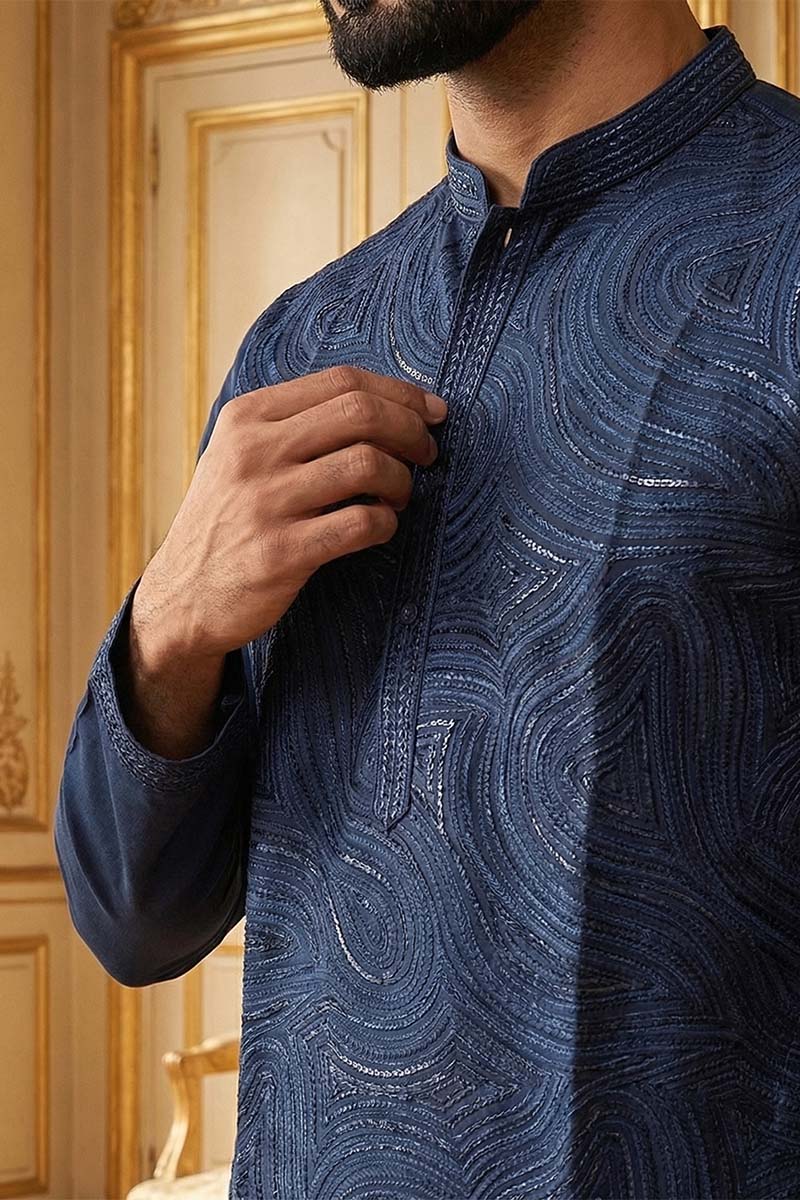 Blue Silk Blend Embroidered Straight Kurta | SHOBITAM