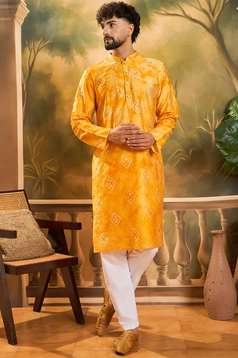 Orange Silk Blend Batik Embroidered Straight Kurta with Trouser | SHOBITAM